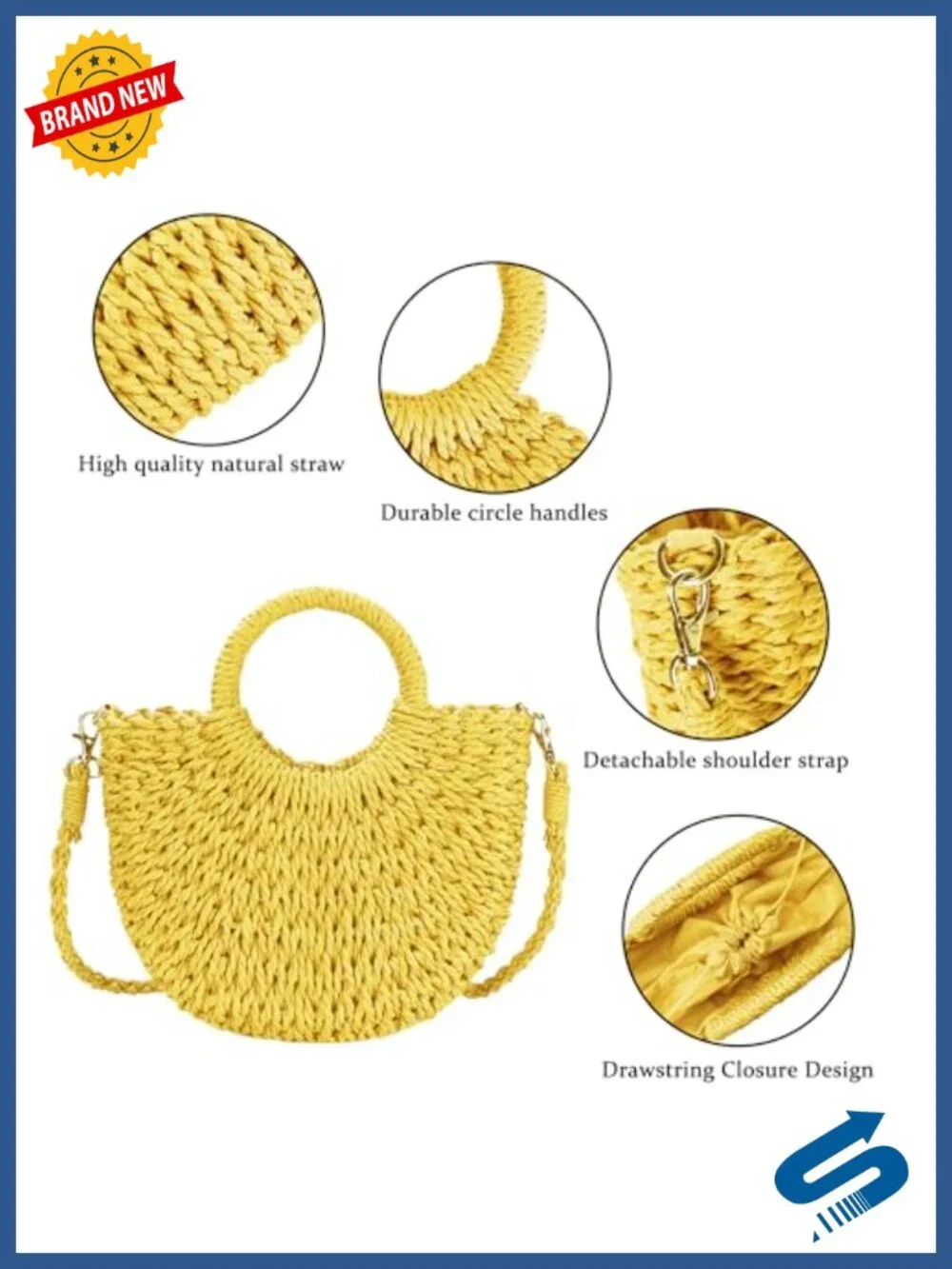 Straw Beach Bag Woven Crossbody Shoulder Tote Satchel Handbag for Summer